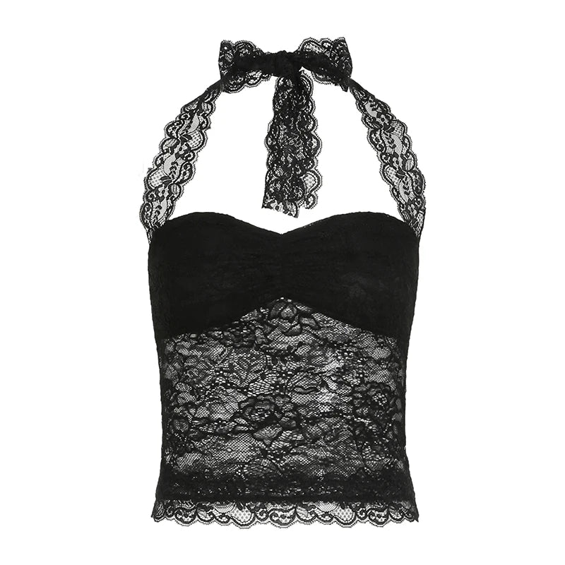 Cuteandpsycho Sexy Lace Patchwork Y2K Camisoles Backless Transparent Slim Outfits Party 90s Vintage Clubwear Halter Neck Tops