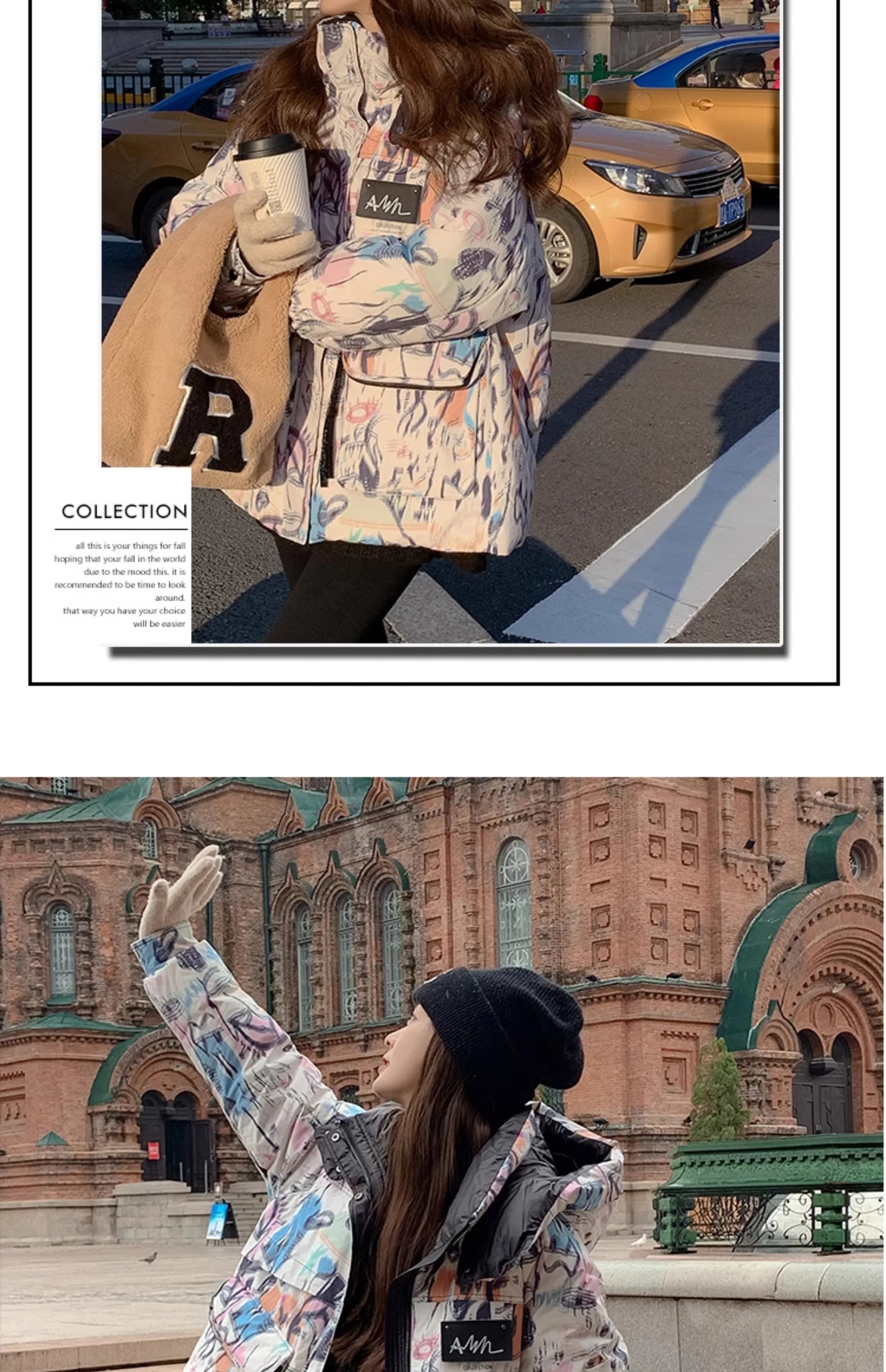 Down Jacket Fashion Short Women's Autumn and Winter Thickened Warm Windproof Warm Loose Hooded Straight Cartoon Anime Print 1Pc