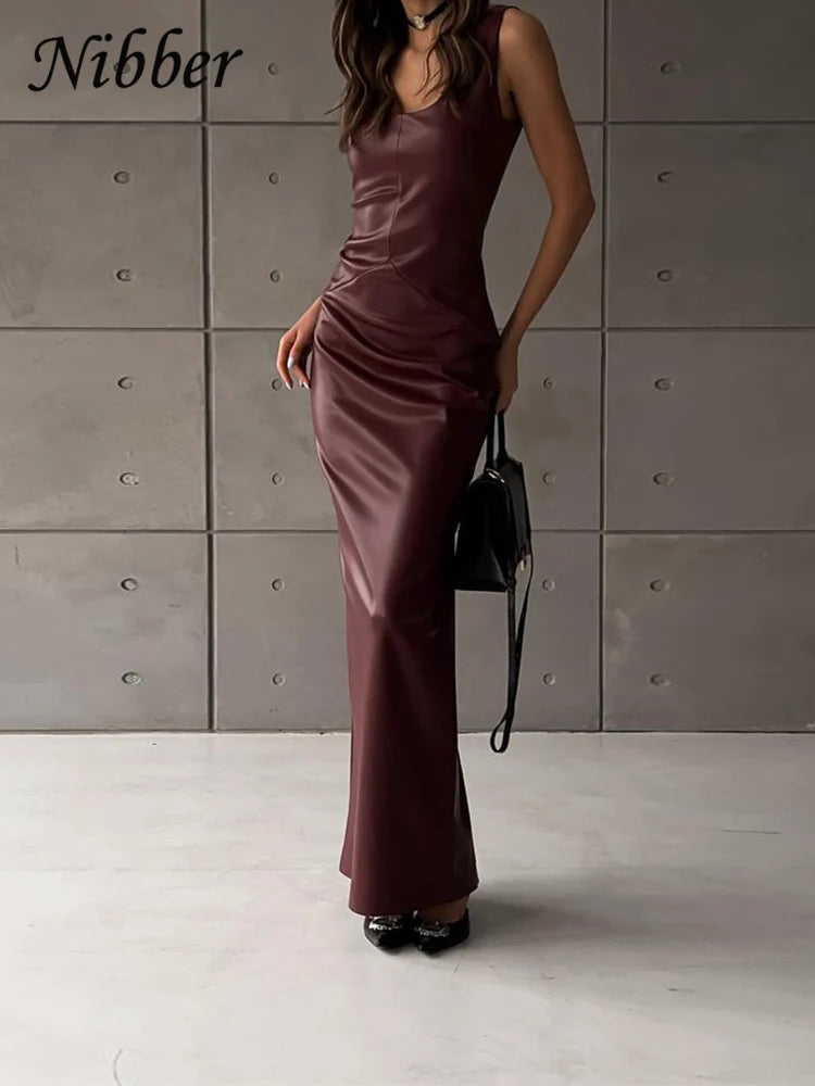 Nibber Vintage Elegant Dress Women Summer Leather Classic Sleeveless Slits Basic Simple Trend Solid Stretch Party Long Bodycon