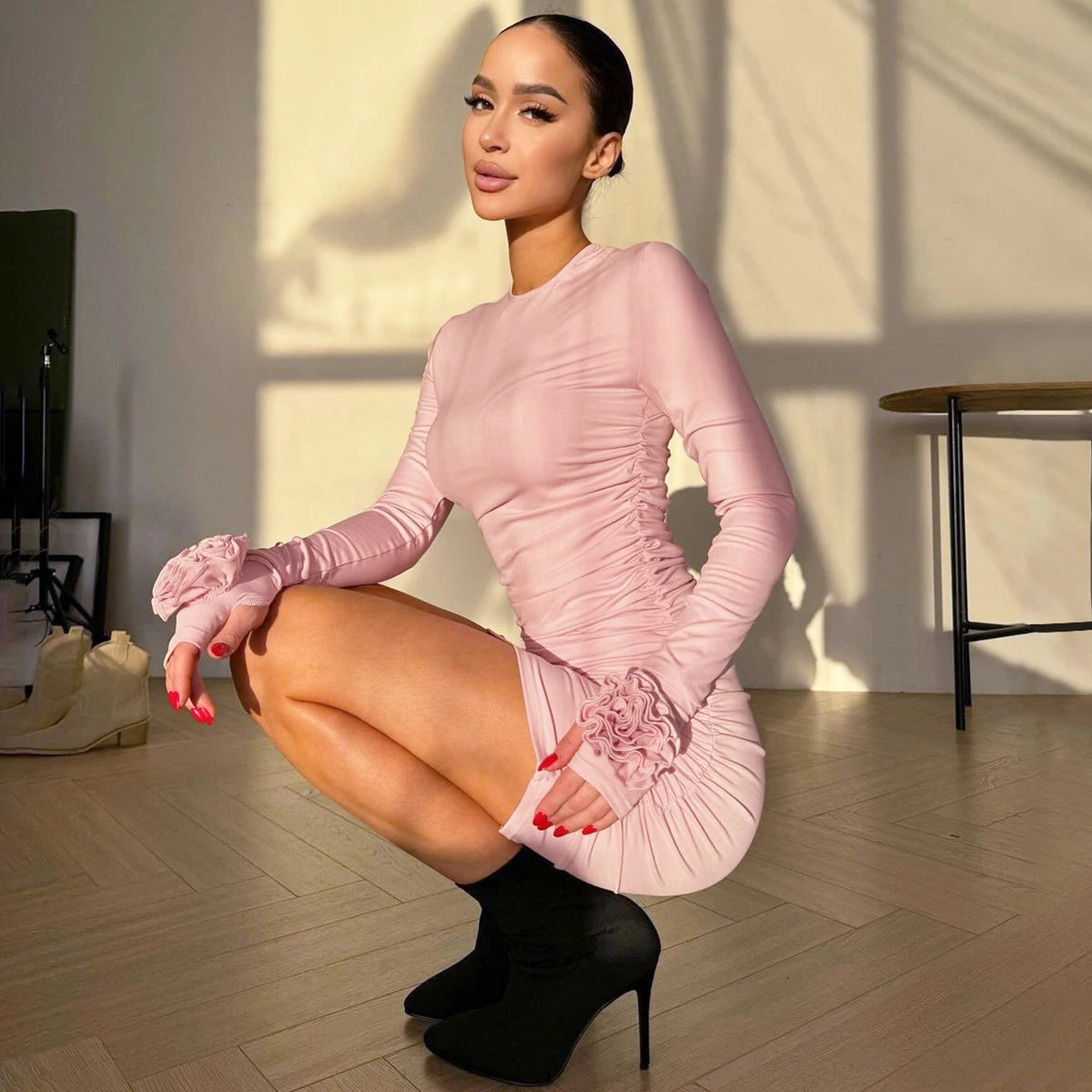 Hugcitar 2025 Elegant Solid Long Sleeve Tie Flowers Sexy Bodycon Pleated Mini Dress Spring Women Outfits Birthday Party Festival