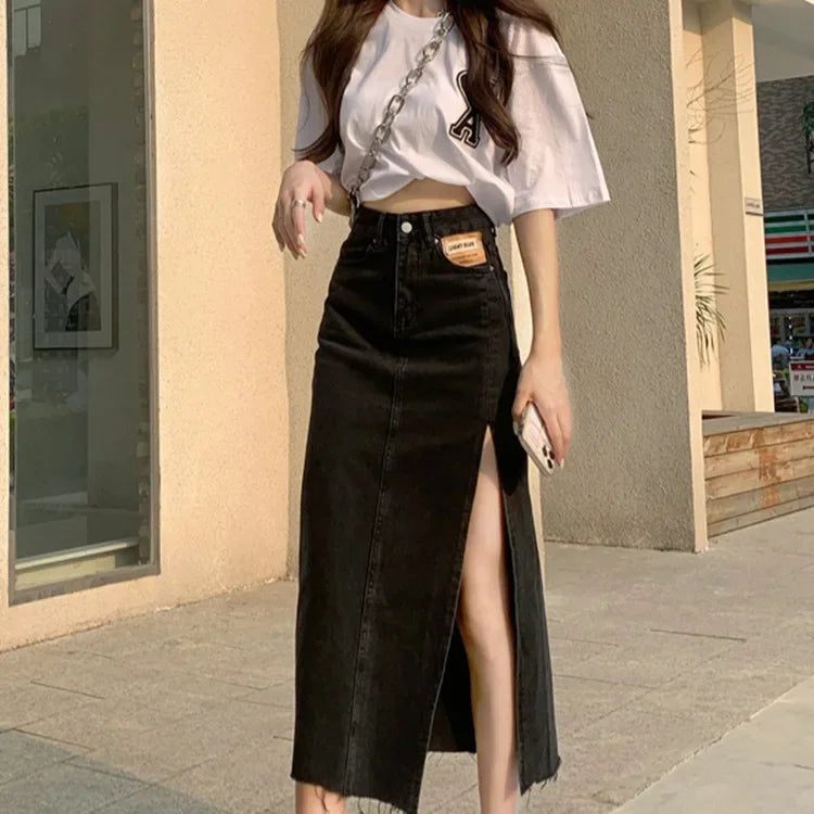 Mid-Length Denim Mini Skirt for Women High Waist Slimming Split Knee-Length Summer Trendy Cotton Half Body Skirts