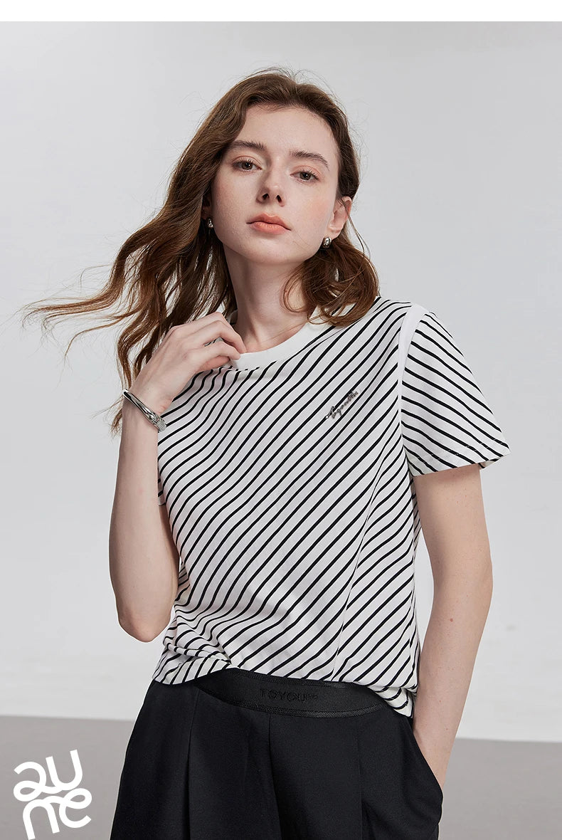 TOYOUTH Women Short Sleeve Striped T shirt 2025 Spring New Tops 8521021