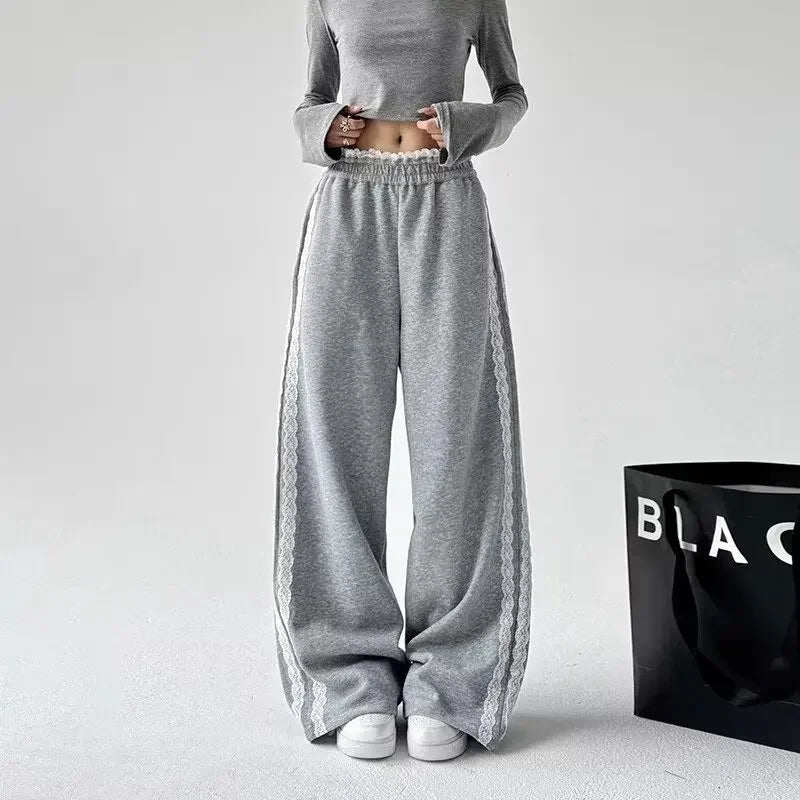 Trendy Casual Wide Leg Pants Women's Autumn Winter High Waist Splicing Lace Trim Drapey Slimming Sporty Trousers