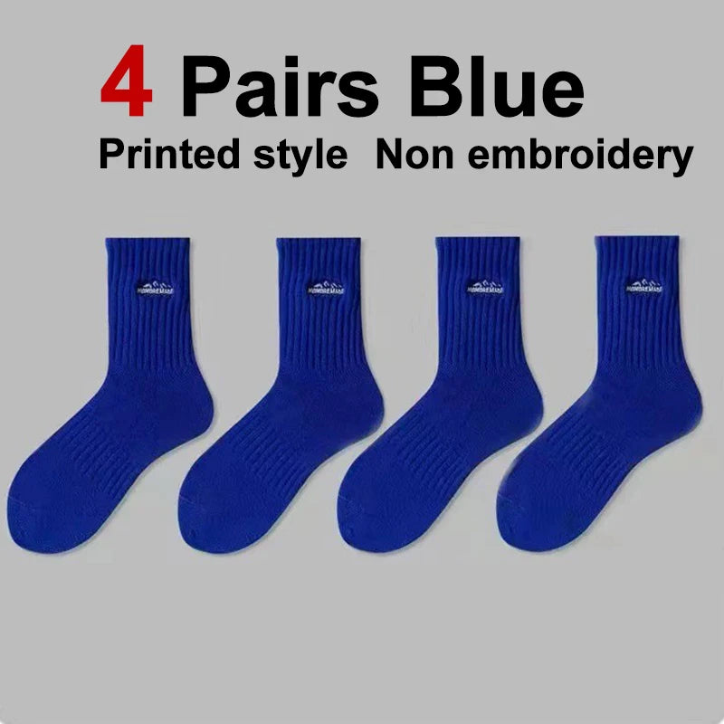 4 Pairs Men Solid Color Printed Mid Tube Socks Fashionable Letter Comfortable Sweat Absorbing Breathable Couple Casual Socks