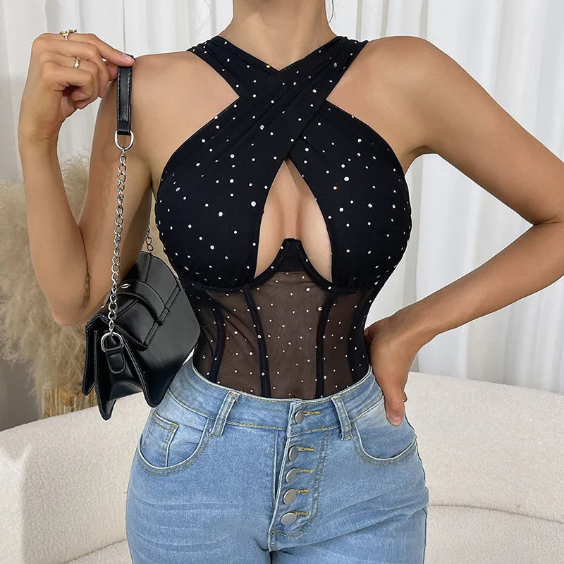 Sexy Black Cut Out Cross Wide Strap Bodysuit Women Lace Patchwork Body Suit Tops