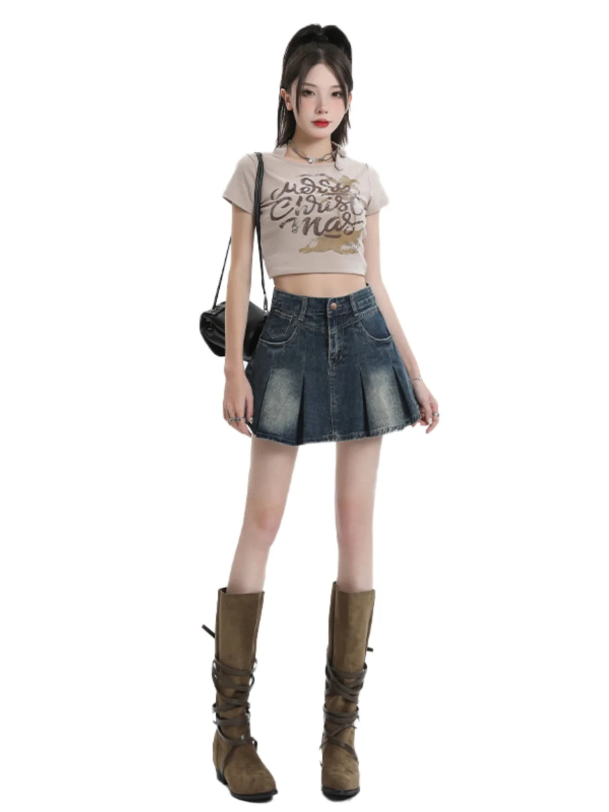 American Sle Versatile High Waist Denim  Skirt Women's Summer New plus Size Pleated Skirt Small Size Slim A-Line ves