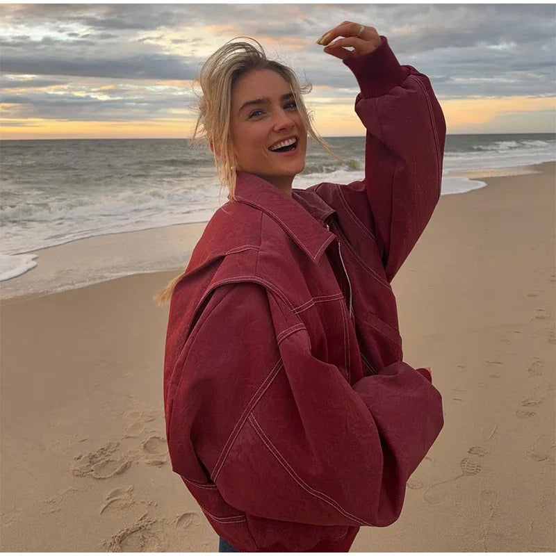 Women's Artificial Leather Short Jacket Retro Red Linen Coat Spliced Zipper Jacket Autumn Women's Lapel Pocket Street Sportswear