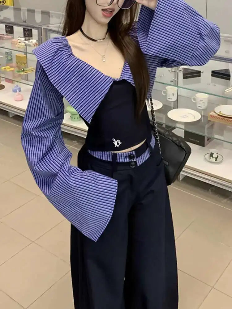 SHENGPALAE 2025 Spring New Contrast Color Slash Neck Pullover Women Straight Loose Ankle Length Pants Fashion Clothing 5ZD1278