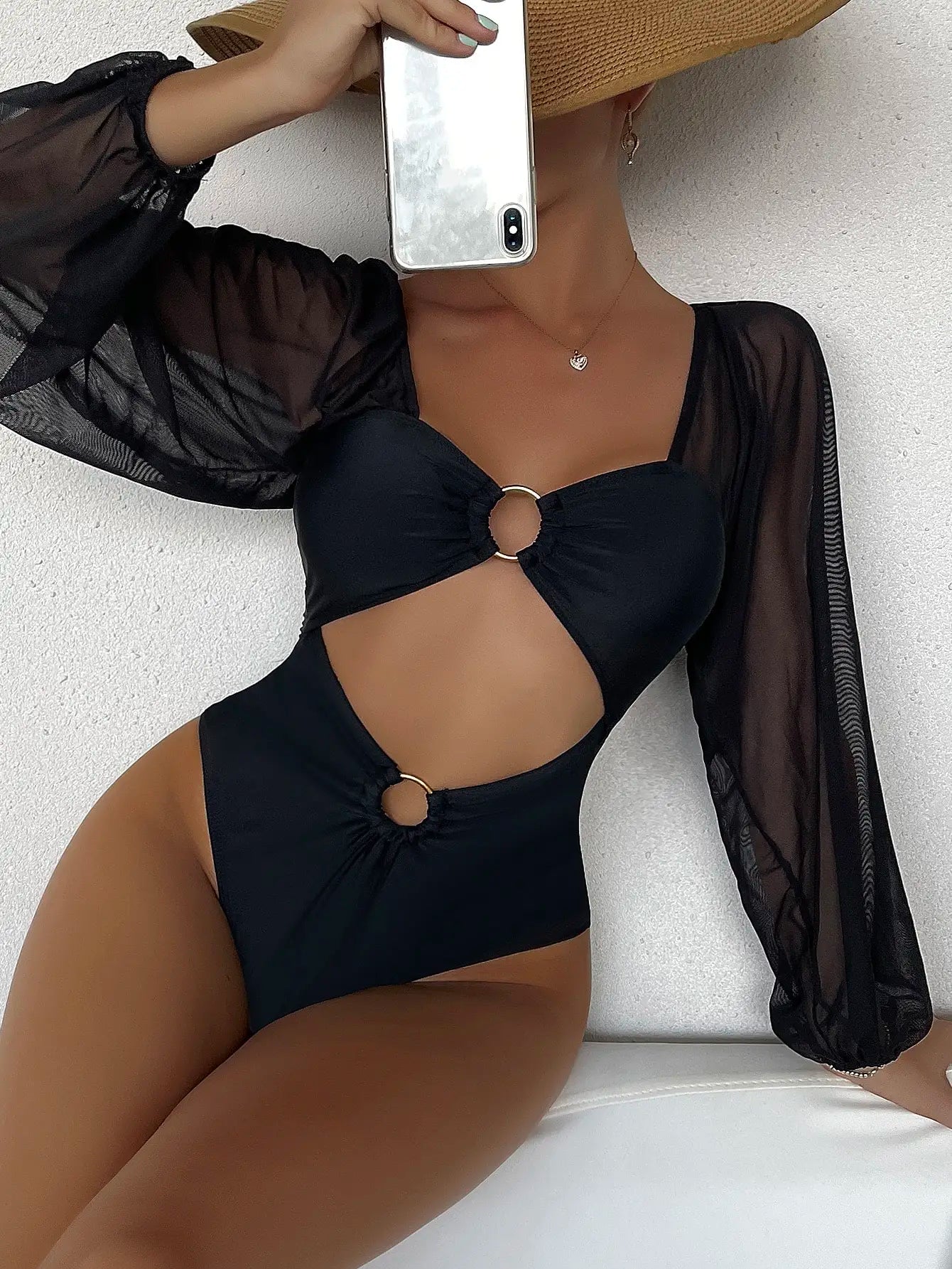 2025 Black Swimsuit One Piece Solid Long Sleeve Swimwear Women Bathing Suit Female Padded Swimming Summer Beachwear Bodysuit