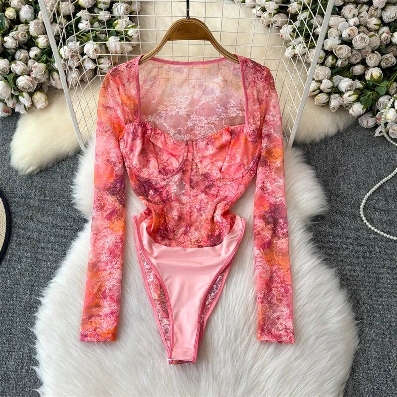 Women's Green Lace Jumpsuits Vintage Skinny Playsuits Harajuku Long Sleeve Square Collar Exotic Sexy Rompers Coquette Clothes