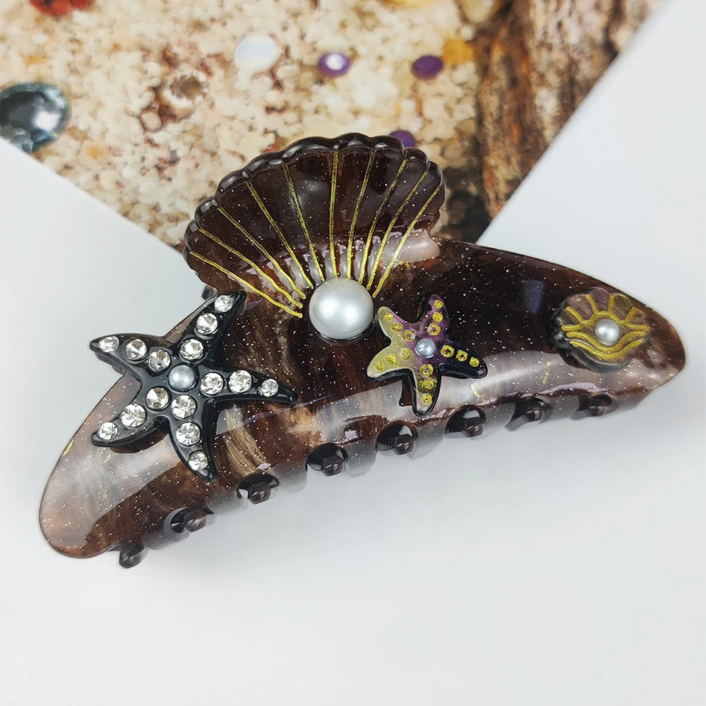 Sea Series Large Hair Claws Clip Diamond Starfish Conch Hair Clips Acetate Hair Accessories Handmade