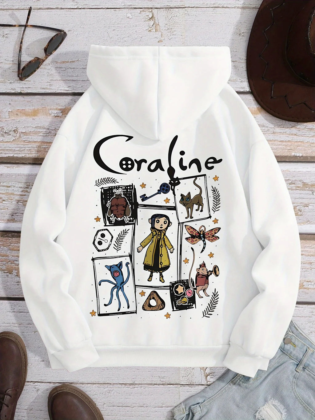 Cozy Coraline Graphic Hoodie for Women - Casual Drawstring Pullover with Kangaroo Pocket Perfect for Fall & Winter