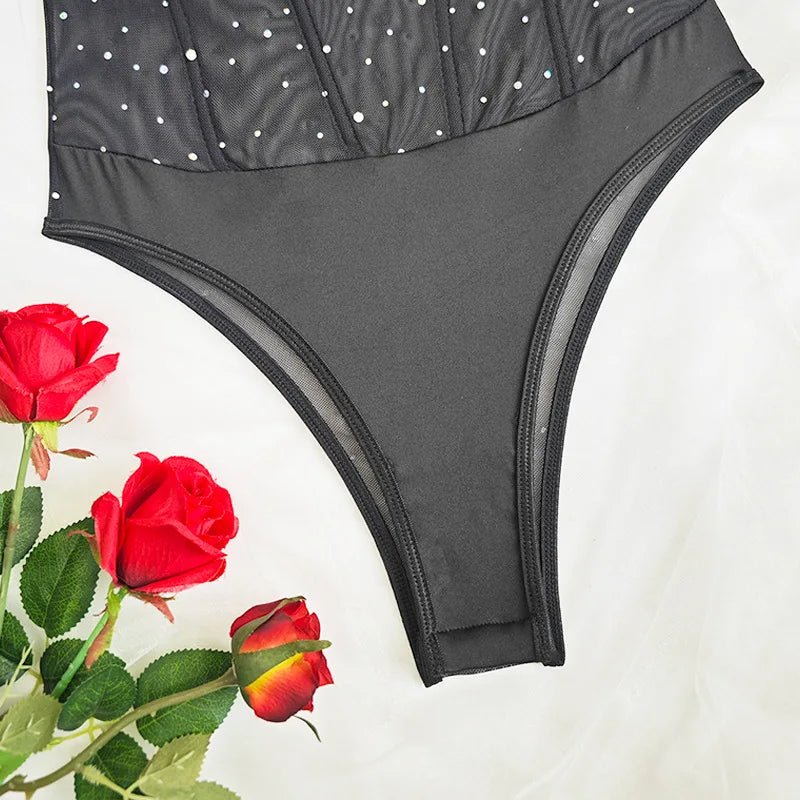 Sexy Black Cut Out Cross Wide Strap Bodysuit Women Lace Patchwork Body Suit Tops