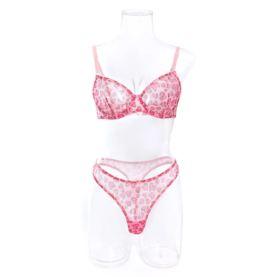 Sexy Women Lingerie Sets Lace Underwear Dot Romantic Transparent See Through Exotic Sets Underwire Pink Leopard Bra Brief Set
