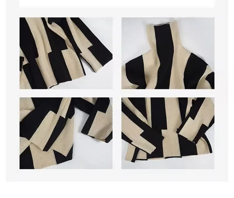 High-crowned Lazy Style Black White Stripe Wool Coat Women Autumn Winter Outdoor Warm Soft Cover Knitted Top Thick