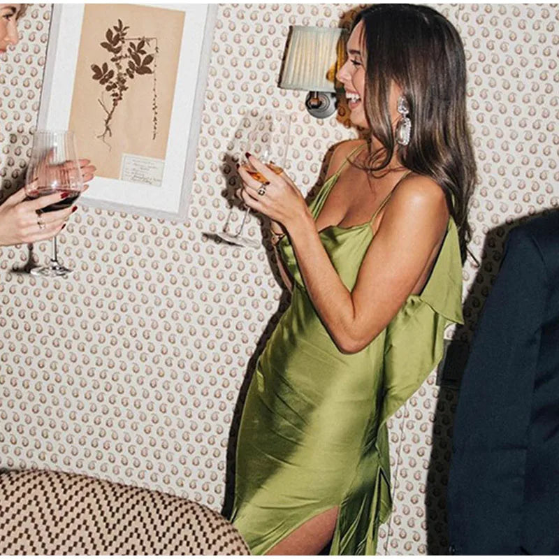 Elegant Green Satin Ruffles Sling Long Dress Women Sexy Backless Sleeveless Split Slim Dresses Lady 2025 New Party Club Vestidos