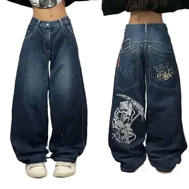 American Street Trend Letter Embroidered Loose Jeans Men Harajuku Y2K New Hip Hop Oversized Wide-leg Pants Unisex Mopping Jeans