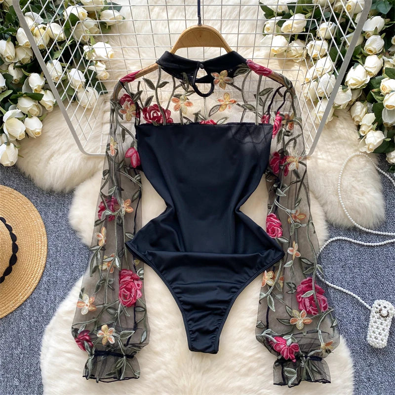 Women's Black Gothic Vintage Jumpsuits Y2k Harajuku Embroidery Overalls Korean Aesthetic 2000s Exotic Sexy Mesh Rompers Clothes