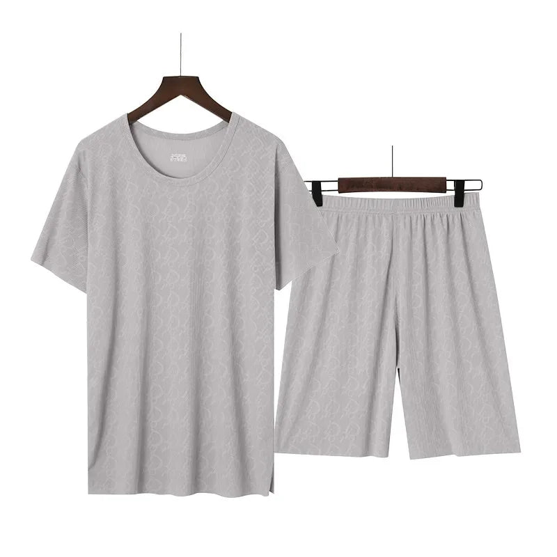 Summer Men's Ice Silk Pajamas Short Sleeves Printed Suit Home Clothes Five-Minute Pants Lightweight Comfortable Sleepwear