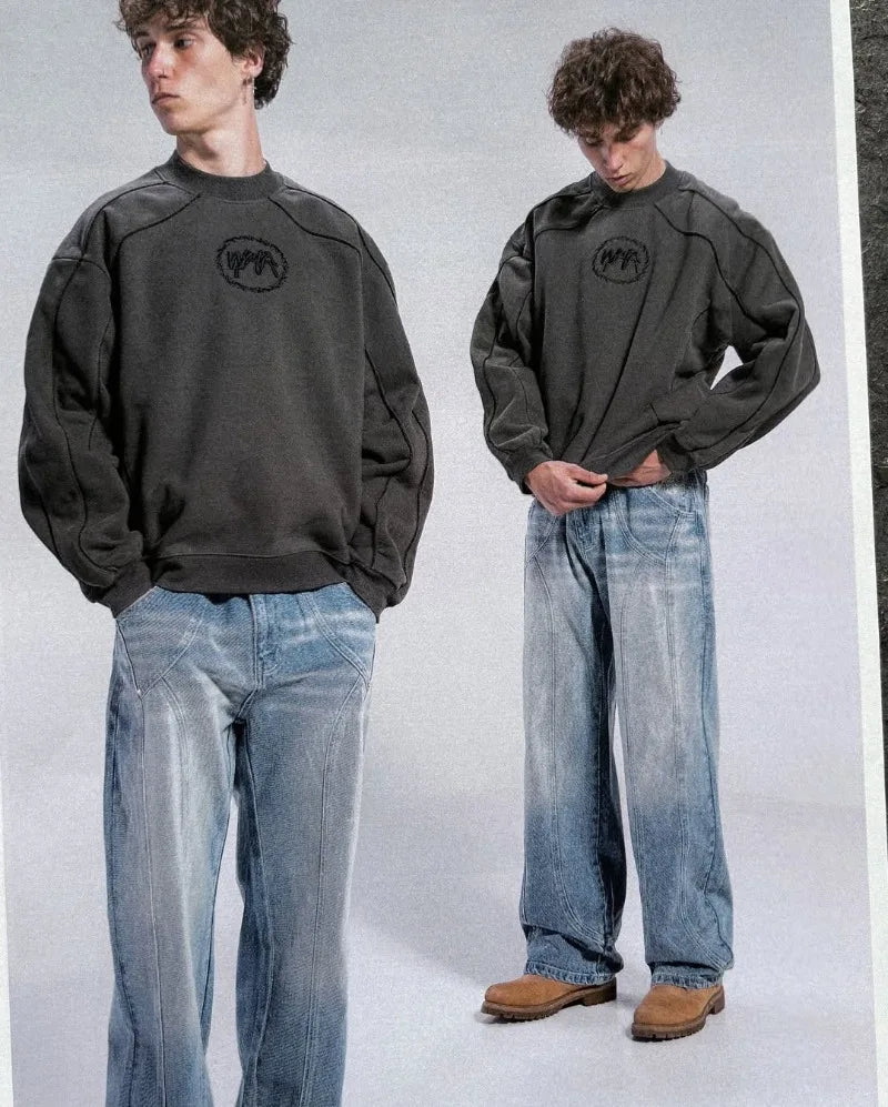 Punk Fashion Striped Casual Round Neck Oversized Hoodies Men New American Street Hip-hop Harajuku Retro Y2K Loose Sweatshirt