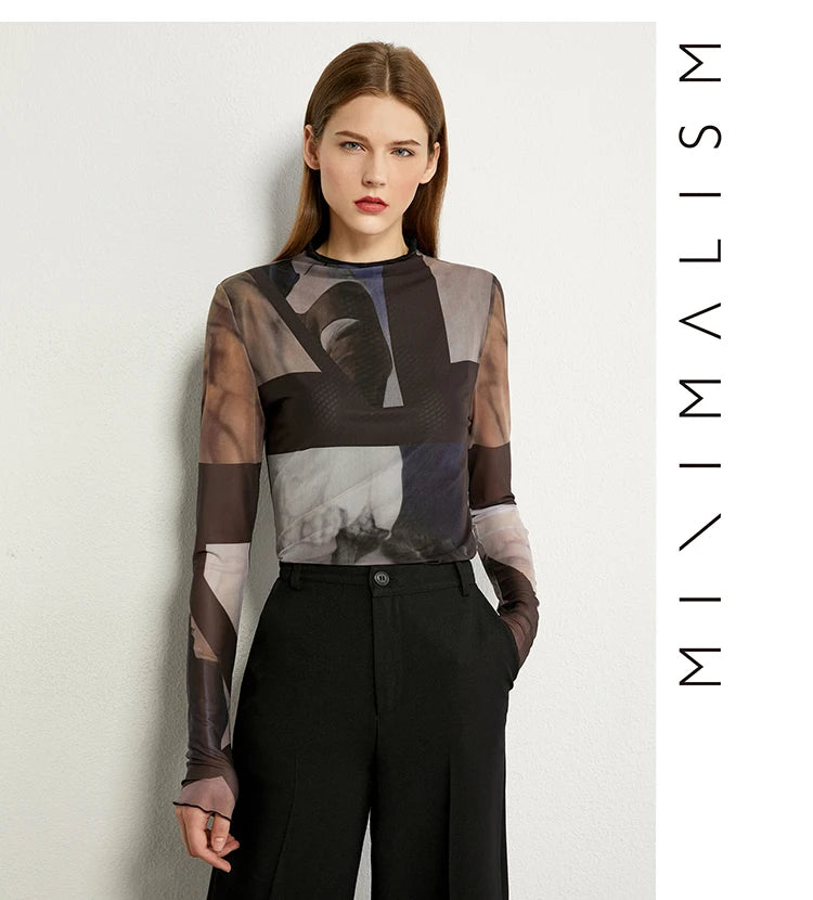 AMII Minimalism Long sleeve T-shirts for Women 2025 Spring New Bottoming Shirt Mesh Printing Inside Slim Trendy Tops 12421003