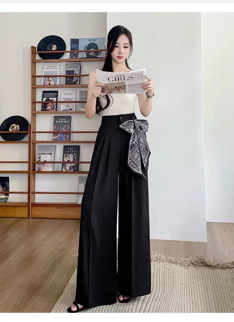 Zoki Chic Lace Up Suit Wide Leg Pant Women Elegant Loose High Waist Bow Trousers Korean Fashion Female Casual Sweet Pants New