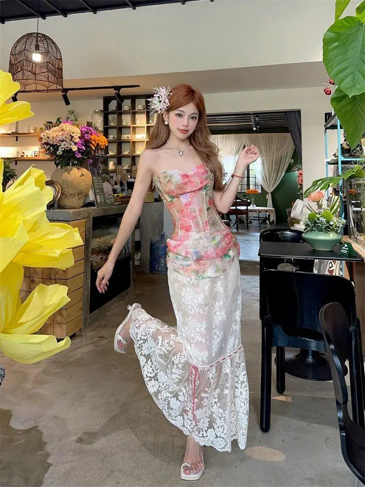 Summer Women Two Piece Set Floral Corset Top and Lace Midi Skirt Elegant Mesh Outfit Slim Fit Vintage French Style Beach Suit