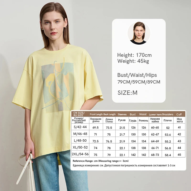 Amii Minimalist Summer T-shirt Women Irregular Design Tops Casual O-neck Abstract Print Loose Dropped Shoulder T-shirt 12522081