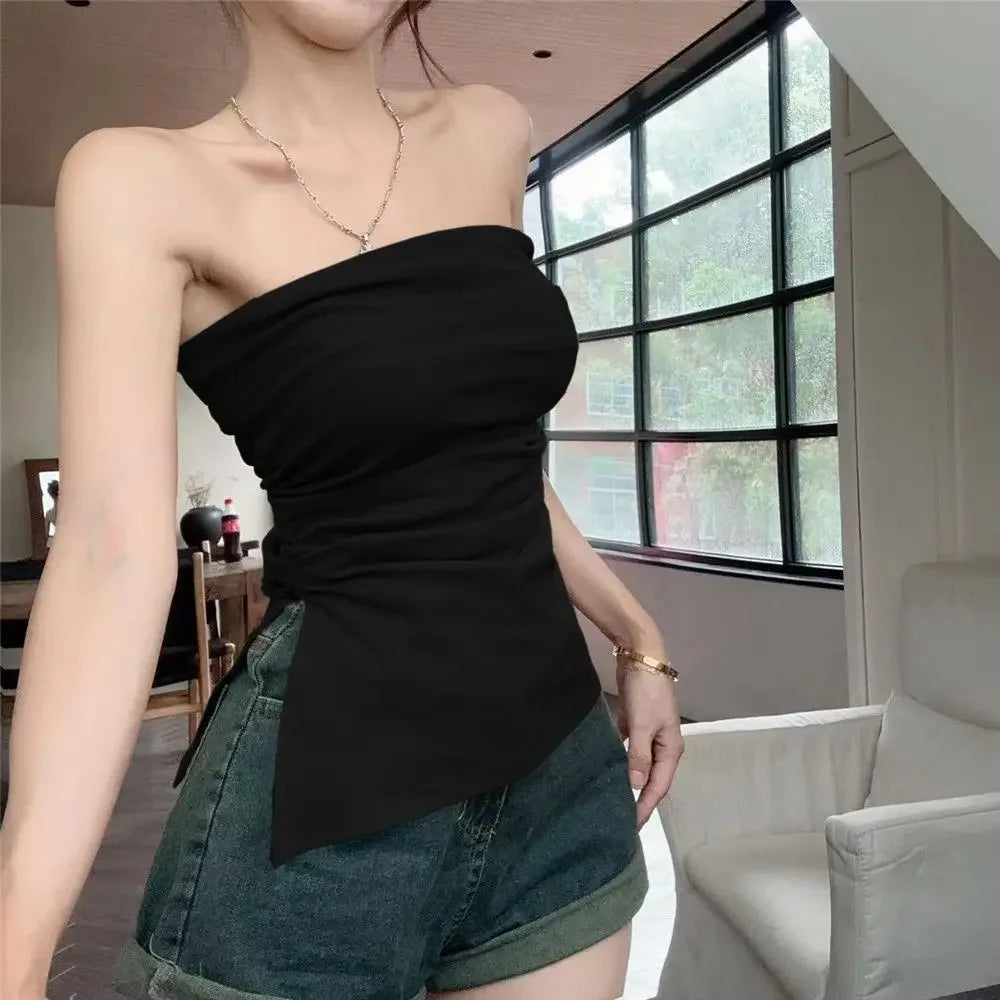 Sexy Open-Back Strapless Sleeveless T-Shirt Women's Spring Autumn Slimming Grey Top Cropped Outer Wear Base Wrap Chest