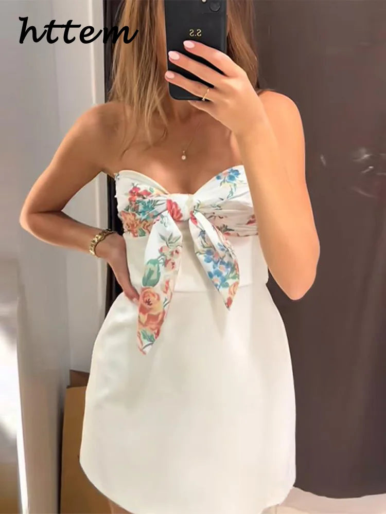 Sexy Women's Printed Bow Short Dress Patchwork Strapless Sleeveless Backless Party Dresses Female 2025 Summer Lady Chic Robes