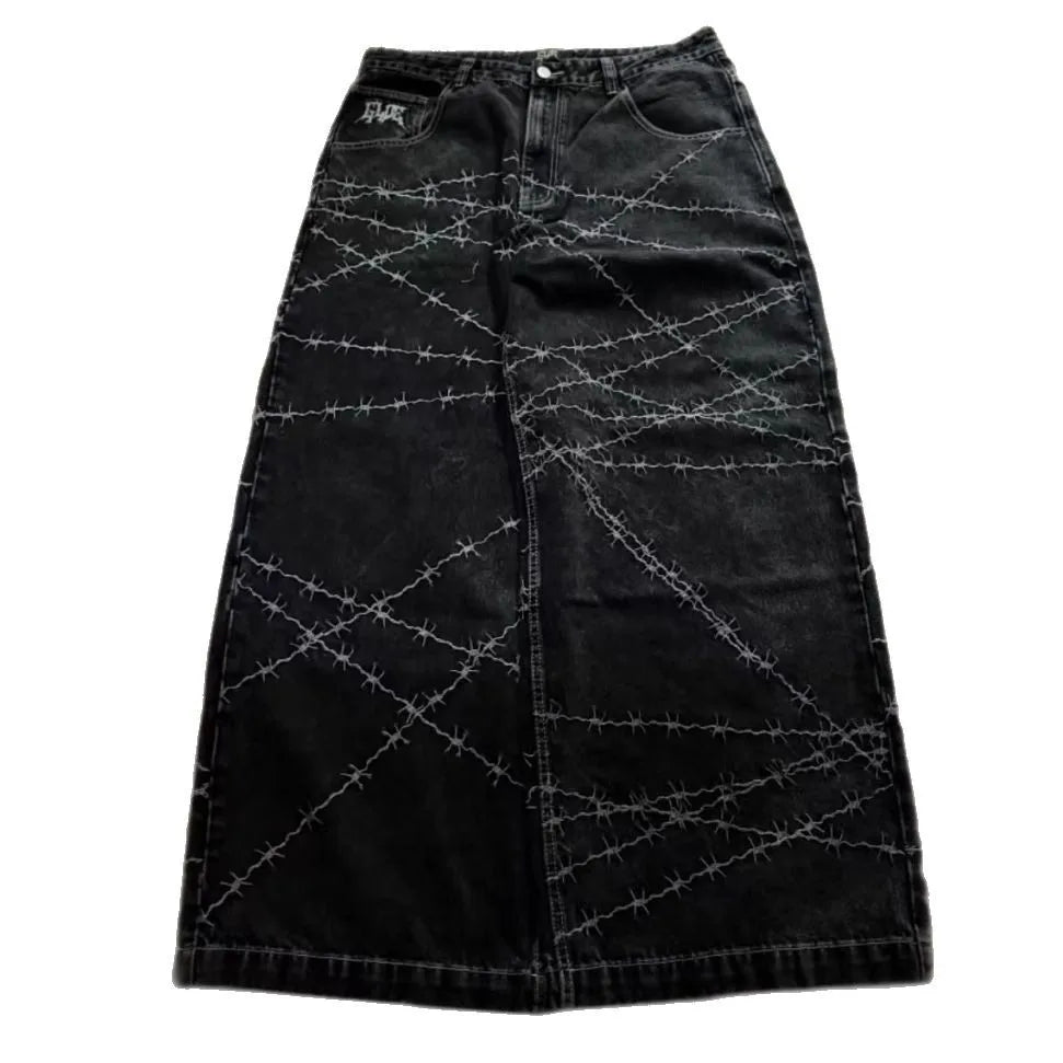 Jeans y2k high street hip hop loose wide-leg casual pants men's pants jeans street wear printed gothic style trousers hot sale