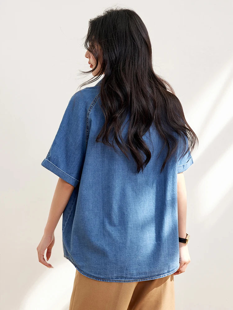 Casual Denim Shirts For Women 2024 Fashion Vintage Short Sleeve Loose Shirt Korean Style Single-Breasted Commuting Tops