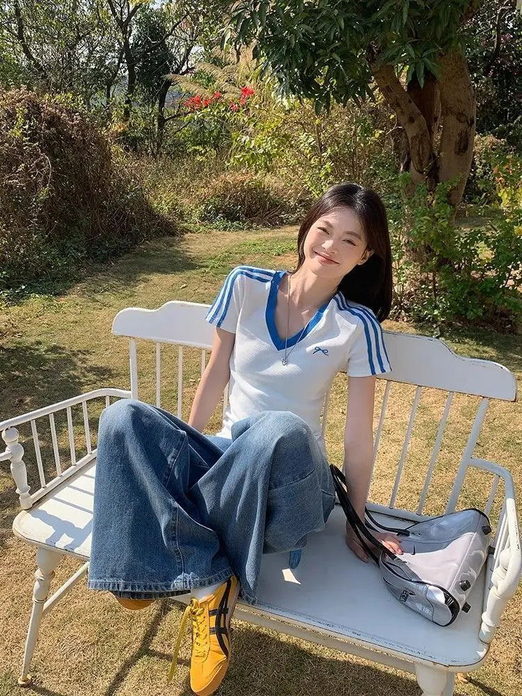 Women Clothing Summer Fashion Casual Striped Color Blocking V-neck Ladies Ladies Simplicity All-match Appear Thin Short Sleeve