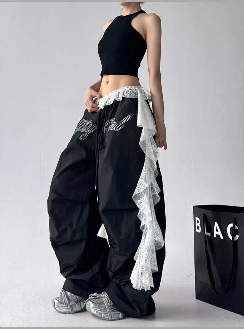 American retro black printed Spice Girls Street Dance Scimitar Pants Women's Loose Design Splicing Summer New Wide Leg Pants