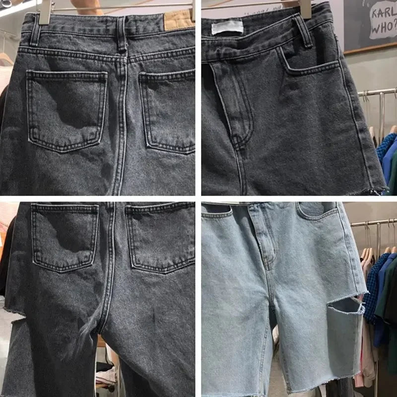 High Waist Skinny Jeans Shorts Women's Five-Quarter Thin New Style Hot Sale Of The Season Hole Design Straight Leg plus Size Hot