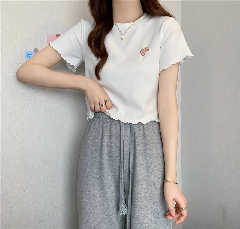 Summer Embroidered Short T-shirt Women Wooden Edge Irregular Slim Short Sleeve Top Plant Pattern Fiber Fabric Elegant Style