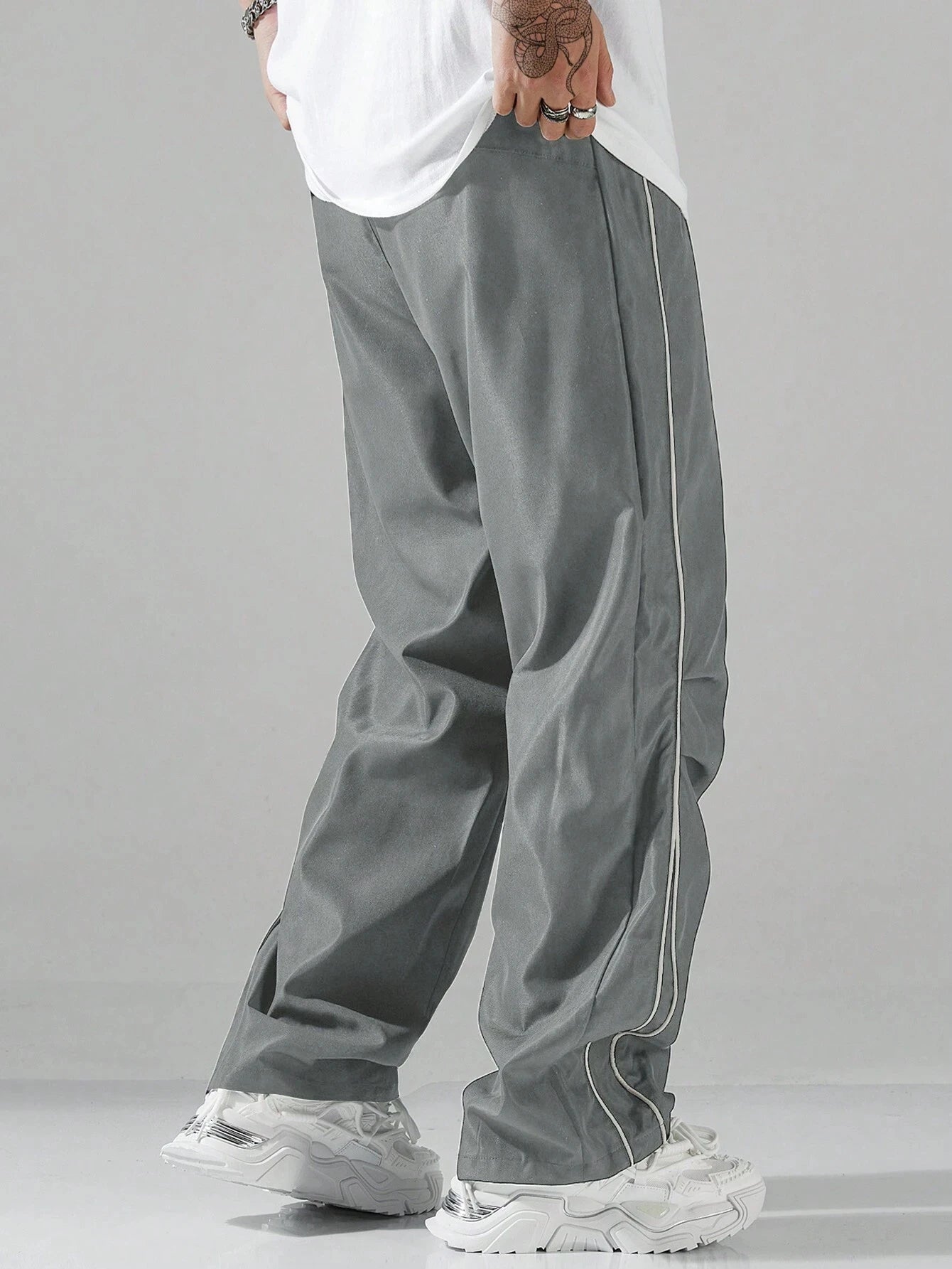 Larbulse Men Contrast Trim Trouser Fashion Casual Pants Solid Color Breathable Loose Straight Drawstring Pants Streetwear