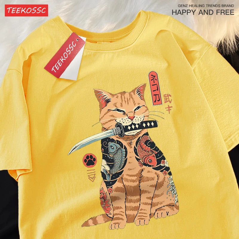 Japanese Harajuku Samurai Sword Cat T-Shirt Men Women Casual Tee Clothes Cotton Summer Tops Breathable Oversized T-Shirts Couple