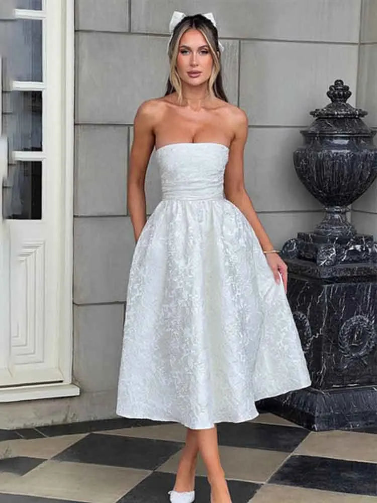 NIDANSSI White Jacquard Pleated Evening Party Dress Women Robes Backless Elegant Sexy Dress Bodycon Long Summer Dress Vestidos