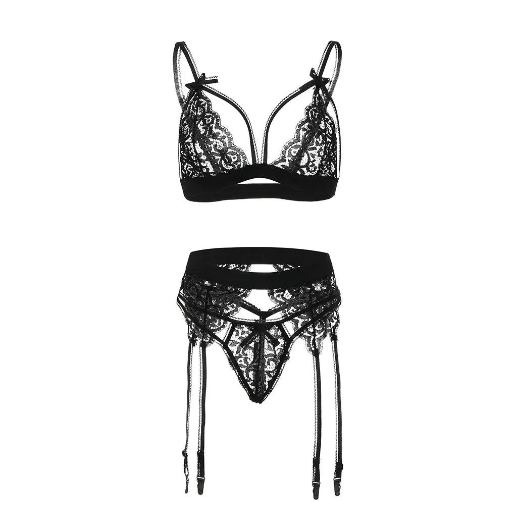 Leechee Sexy Women's Underwear Floral Lace Lingerie Set With Garter Black Wire Free Brassiere Transparent Underwear Bra Sets