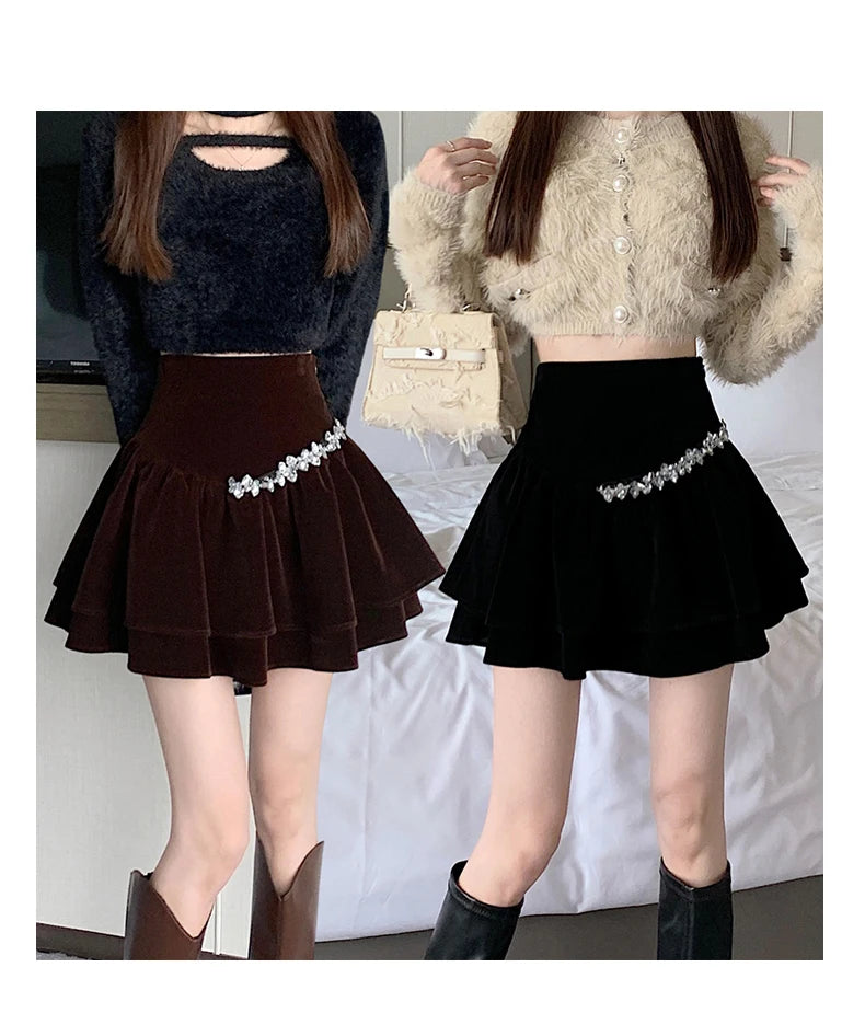 Bla Velvet Cake f Skirt Women's Autumn Winter High Waist A-Line Fluffy ort Skirt Small Size Pleated f Skirt