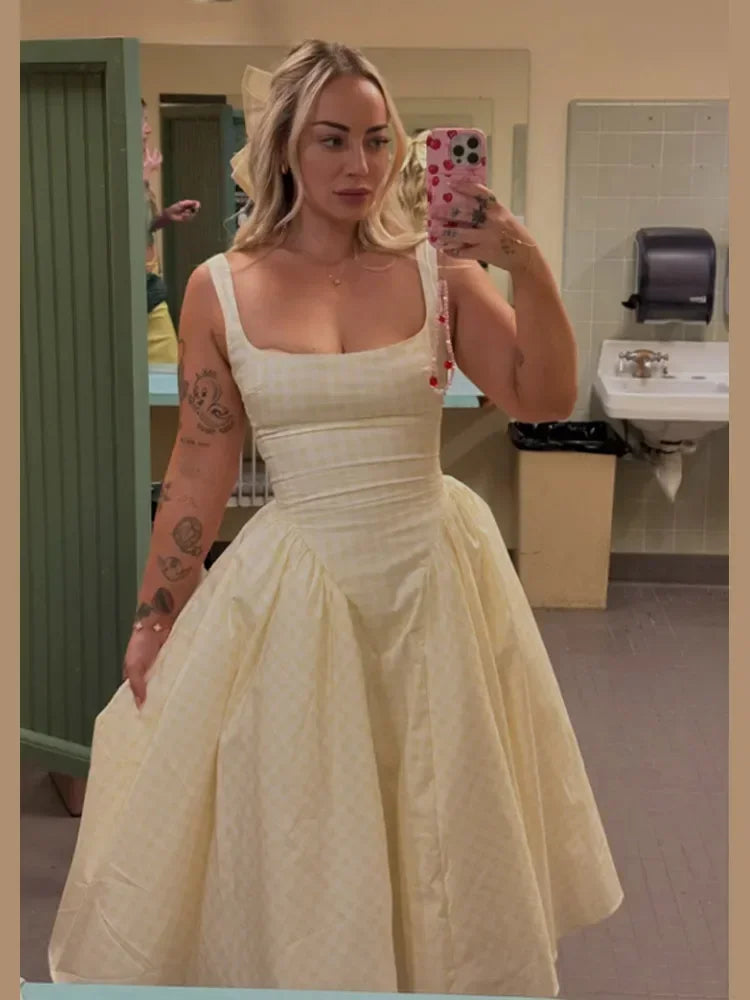 Women Fashion Plaids Pleated High Waist A-line Dress Elegant Sleeveless Backless Slim Long Dresses Summer New Party Streetwear