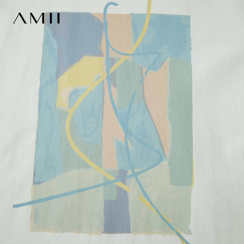 Amii Minimalist Summer T-shirt Women Irregular Design Tops Casual O-neck Abstract Print Loose Dropped Shoulder T-shirt 12522081