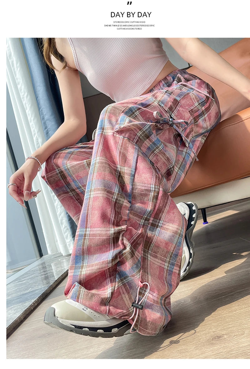 Zoki Women Streetwear Plaid Cargo Pant Vintage Loose High Waist Pockets Trousers Y2K American Casual Hip Hop Lace Up Bf Pants