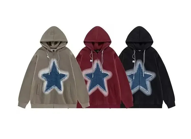 Vintage Star Print Hooded Sweatshirt Unisex Loose Fit Fashion Jacket For Men Women Ideal For Couples