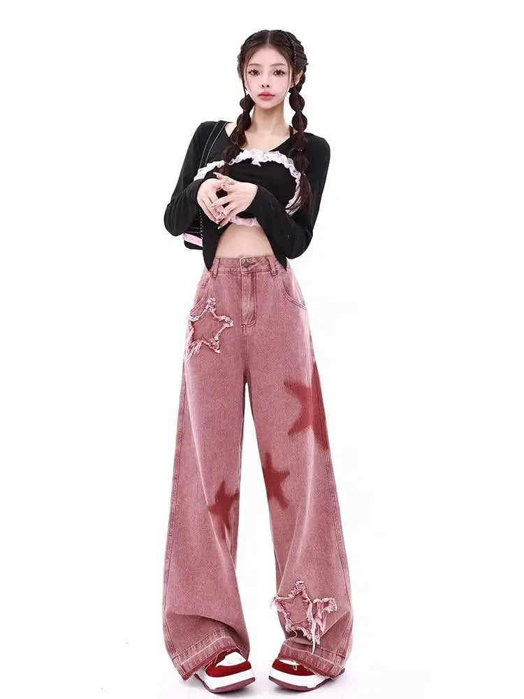 American Retro Jeans Five-point Star Raw Edge Splicing Loose Wide-leg Jeans Women Look Thin Trendy All-match Mopping Pants Women