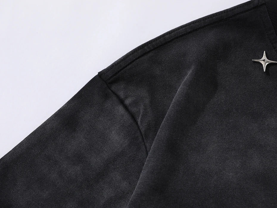 Distressed Ripped T Shirts Metal Star Tee Emrboidery Vintage Loose Tshirt 2025 Men Harajuku Streetwear Oversized Hip Hop T-shirt