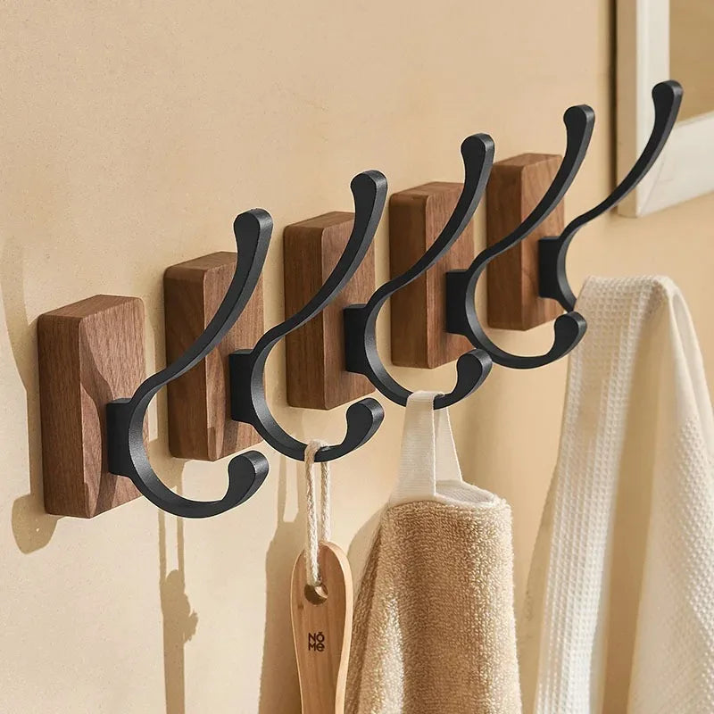 Self-adhesive New Simple Solid Wood Hook Walnut Hanging Hanger Bathroom Wall Hook Bedroom Coat Storage Rack Home Towel Key Decor