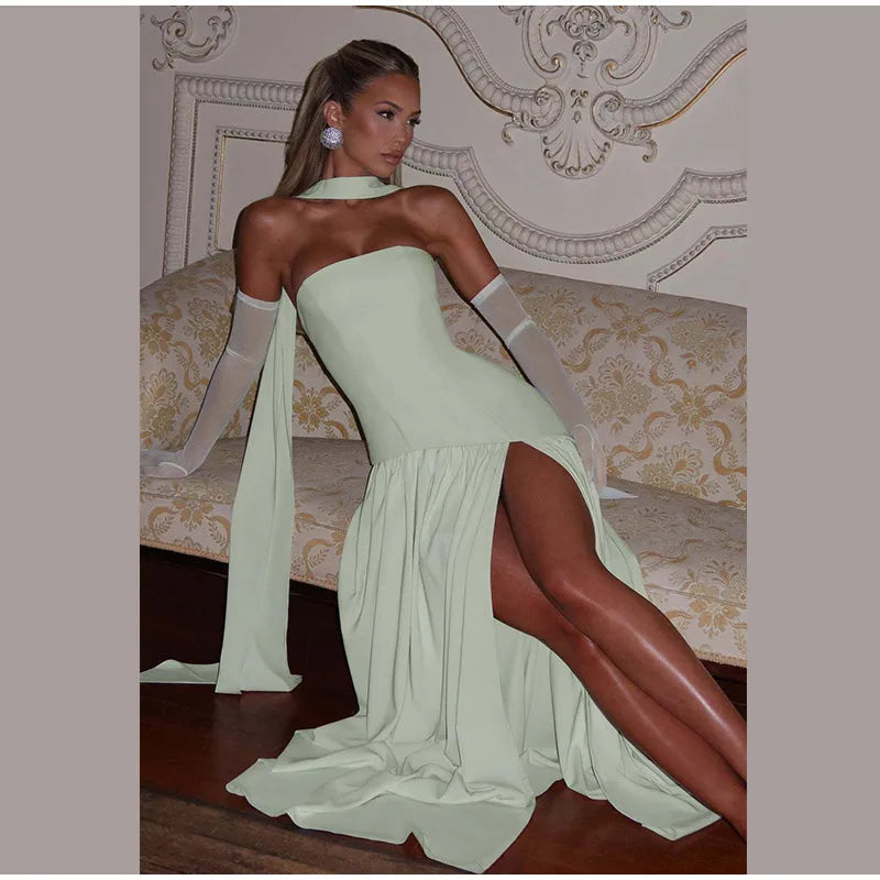 Butter Yellow Scarf Neck Split Long Dress Women Elegant Strapless Slim Fit High Waist Vestidos 2025 Lady Evening Party Gowns New