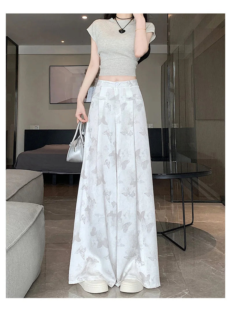 Zoki Bufferfly Print Satin Wide Leg Pant Women Loose Elegant Fashion High Waist Korean Trousers Casual Sweet High Quality Pants